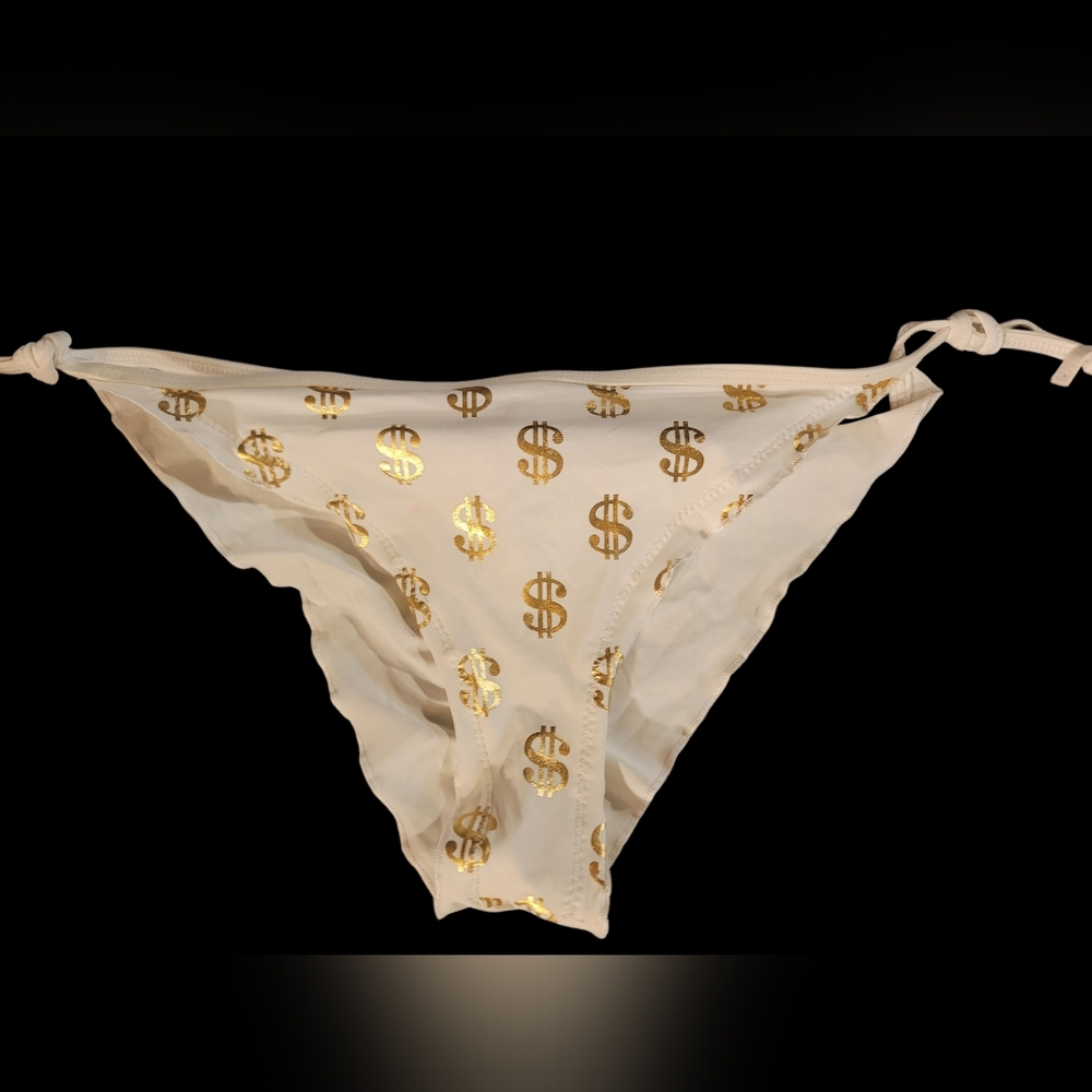 Gallery image 2 for Surf Style Juniors White Bikini w/Gold Lamé Dollar Signs $$