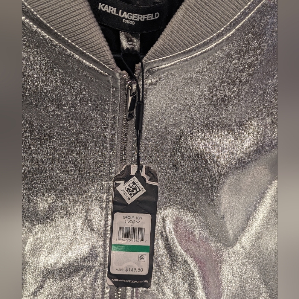 Gallery image 3 for Karl Lagerfeld Metallic Silver Bomber Jacket