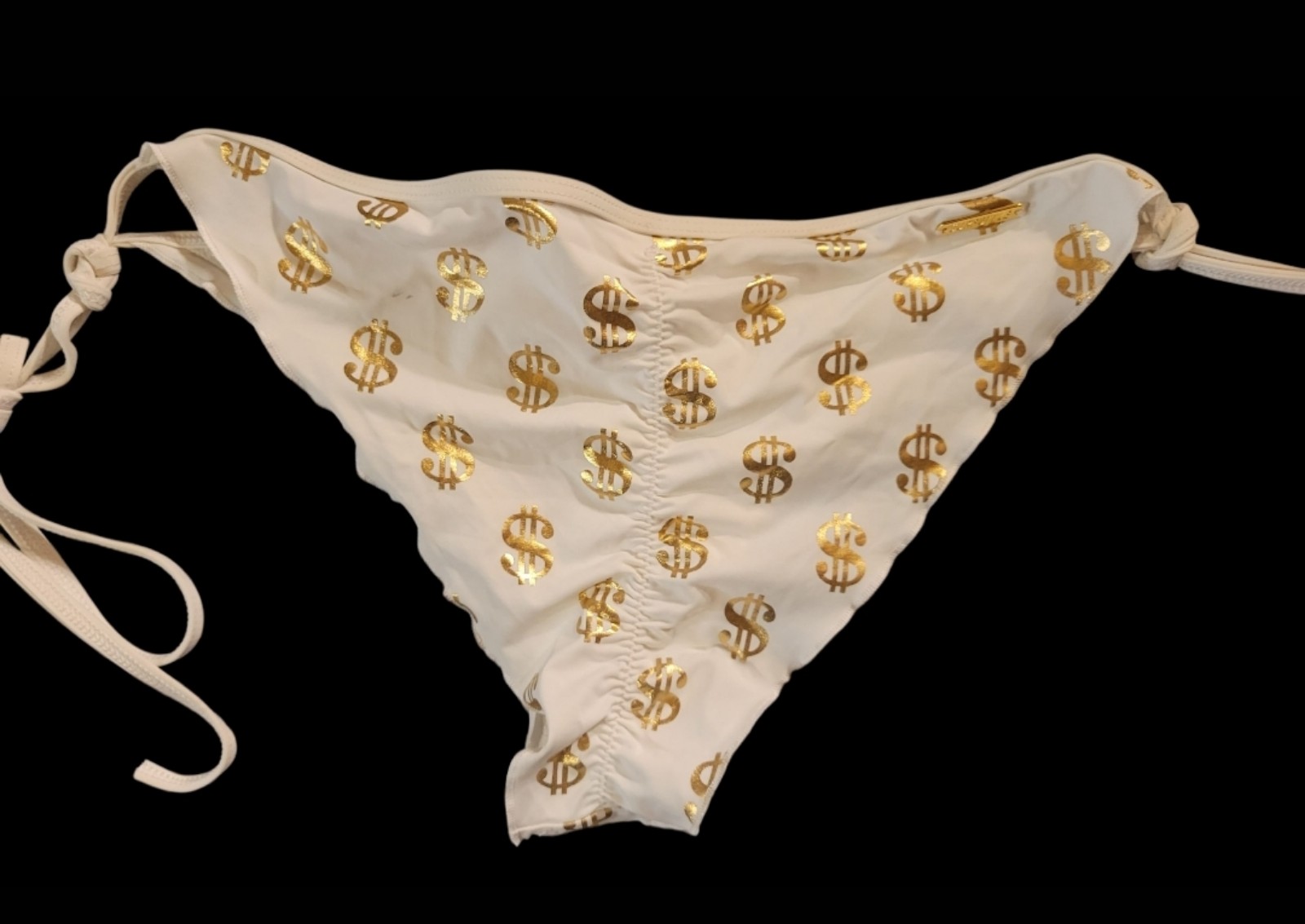 Gallery image 4 for Surf Style White Bikini w/Gold Lamé Dollar Signs, XL