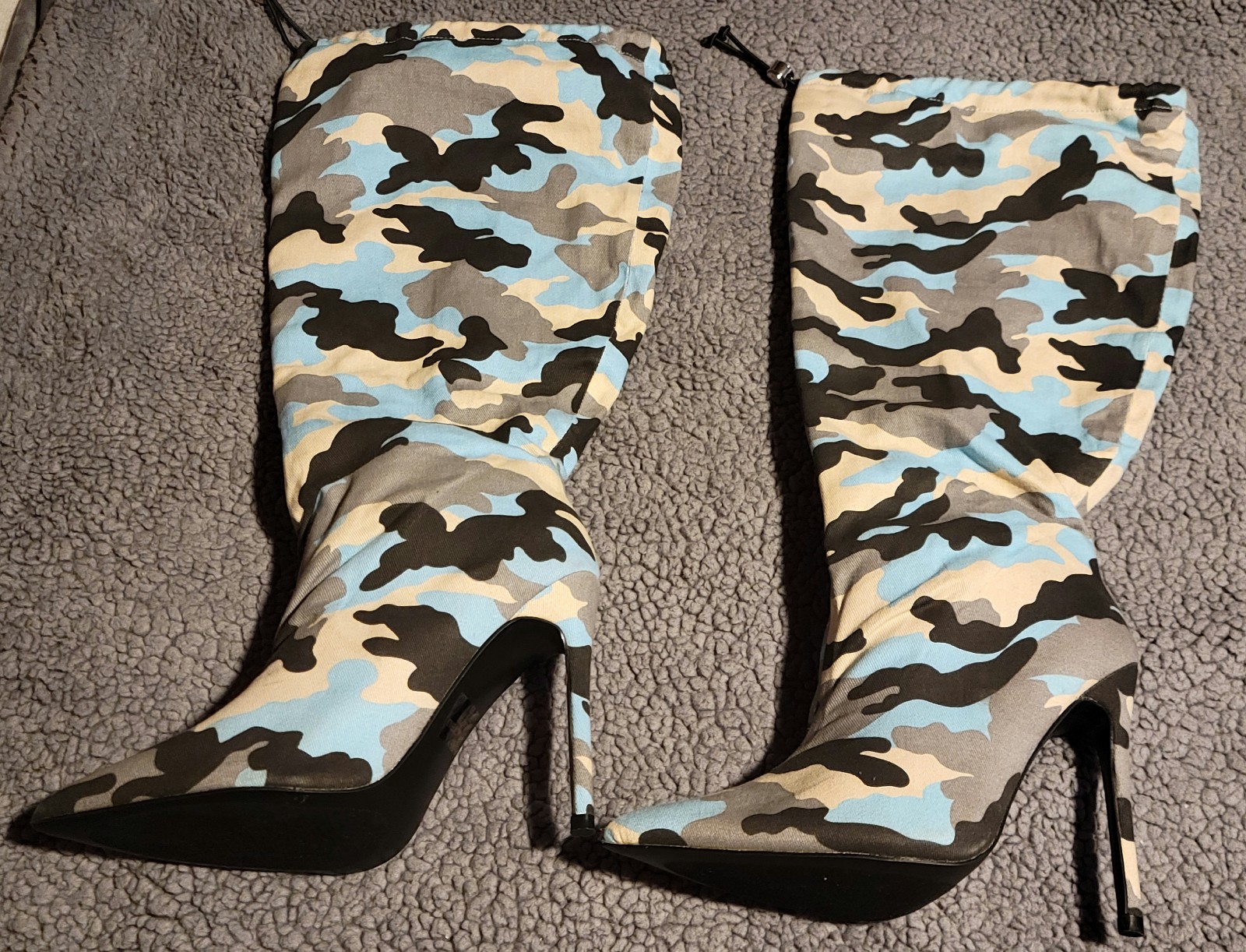 Gallery image 2 for FashionNova Boot Camp Knee High Camo Boots w/Drawstring