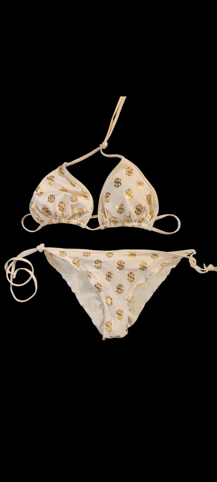Surf Style White Bikini w/Gold Lamé Dollar Signs, XL