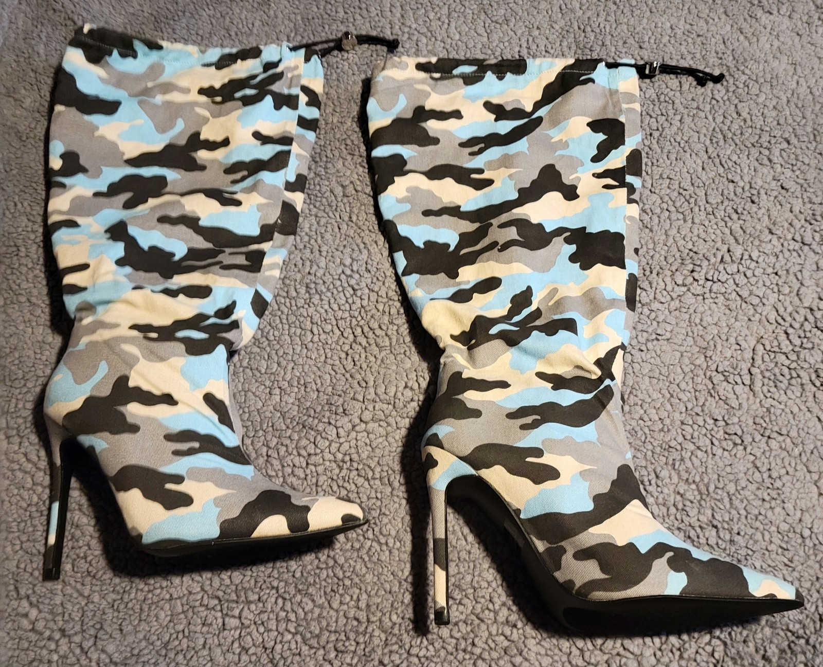 Gallery image 1 for FashionNova Boot Camp Knee High Camo Boots w/Drawstring