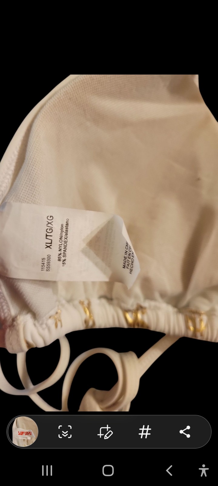 Gallery image 6 for Surf Style White Bikini w/Gold Lamé Dollar Signs, XL