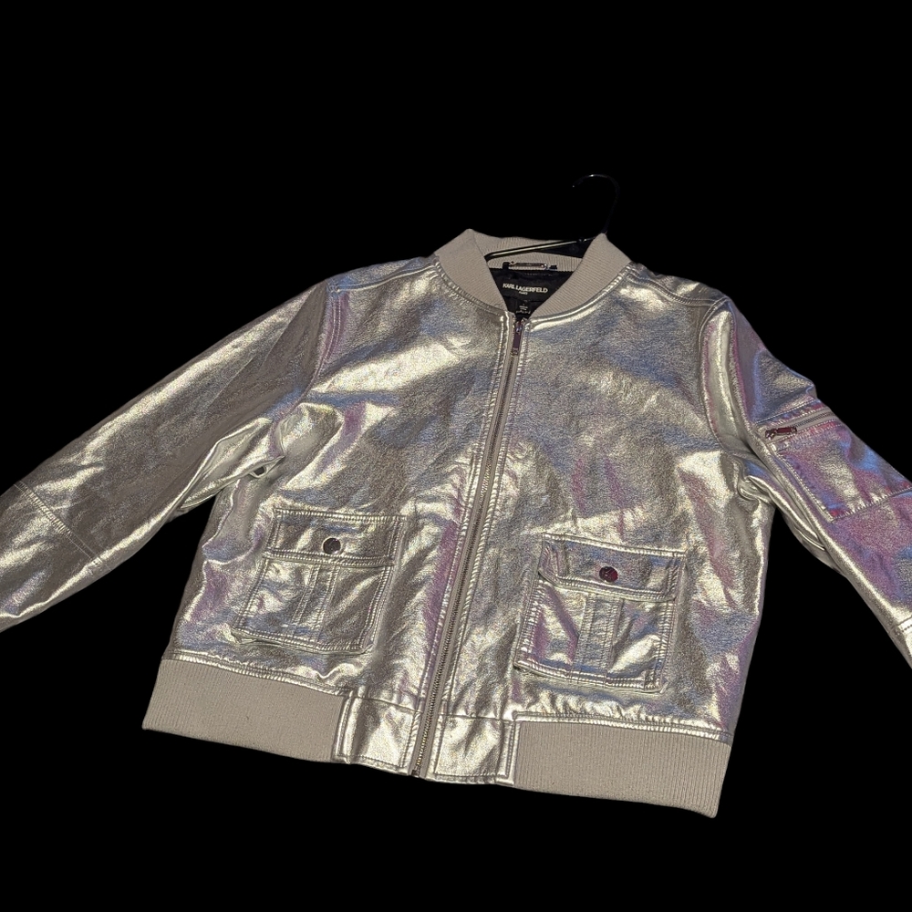 Gallery image 1 for Karl Lagerfeld Metallic Silver Bomber Jacket